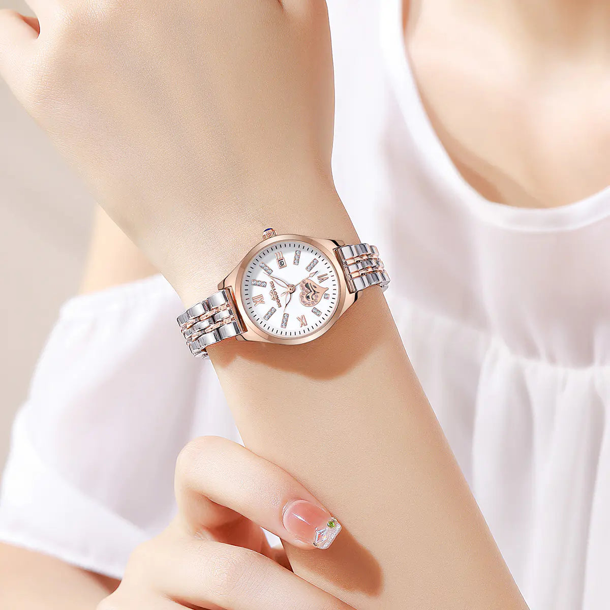 Morotim Women Classic Quartz Watch Stainless Steel Strap Fashion Waterproof Wristwatch